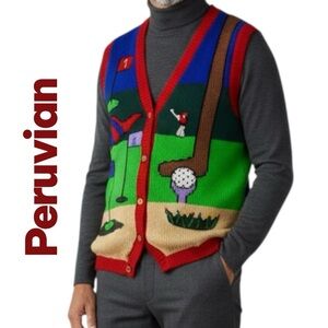 Vintage Golf Sweater Peruvian Vest 3D/Golfer Handmade knit Cardigan Ugly Sz M